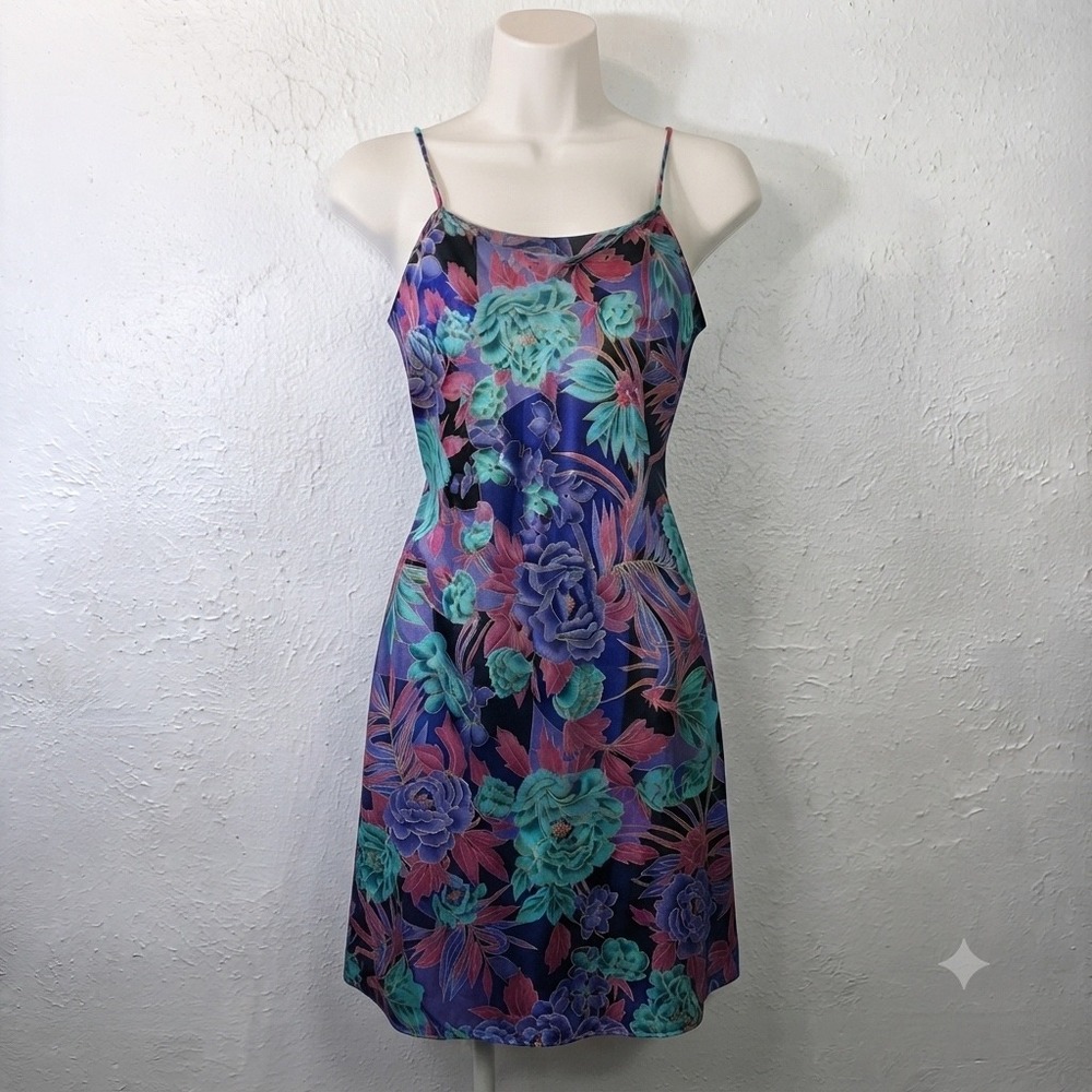 Lanique Vintage Floral Silky Chemise Nightgown Purple Teal Pink Slip Dress M/L